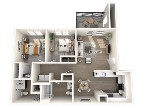 Floor plan for 2 beds, 2 baths, 958 sqft